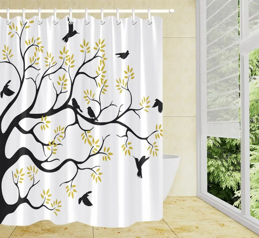 Черно белая занавеска для душа весенний пейзаж дерево птица ванной s коврик