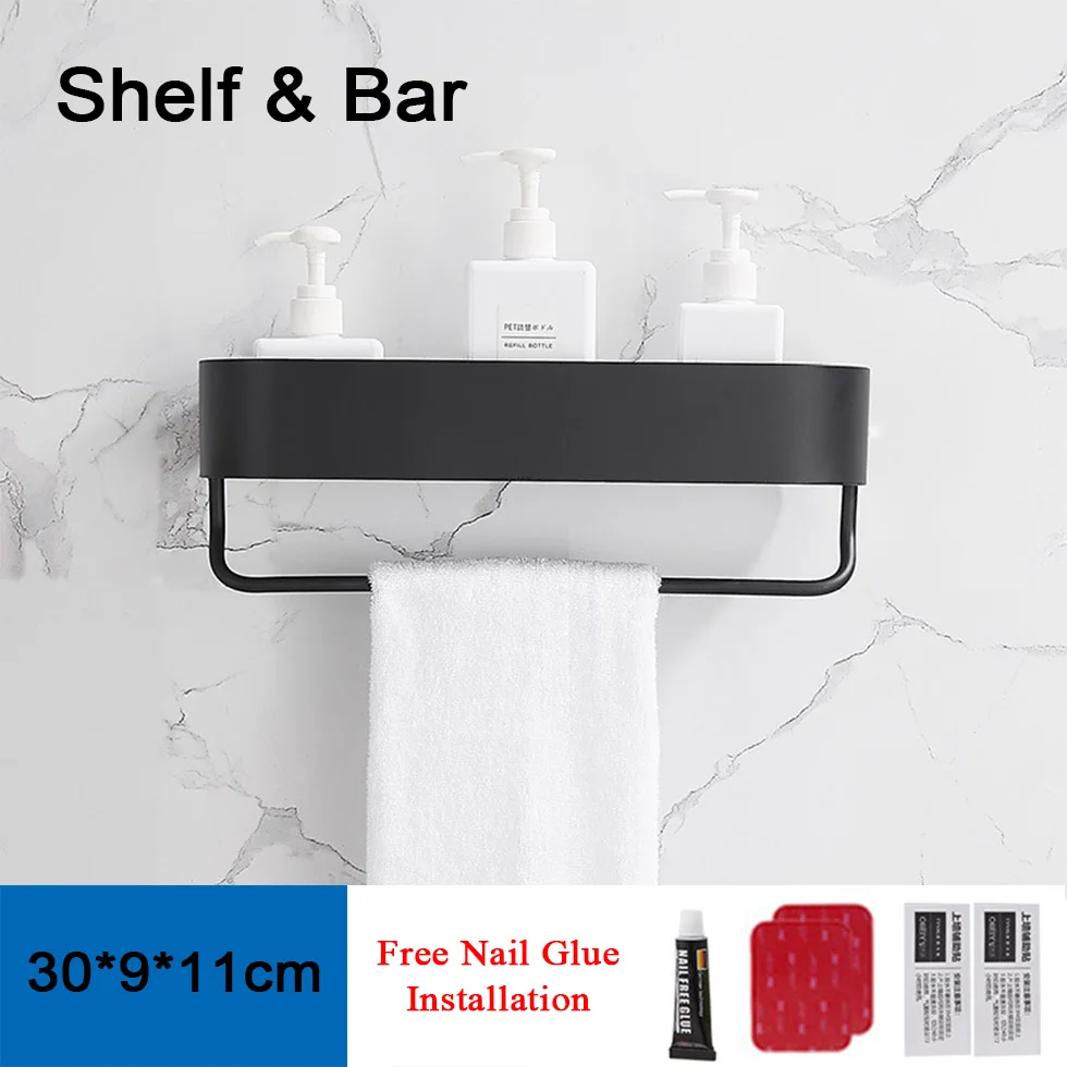 Shelf with Bar 30cm Черная полка для ванной комнаты с баром 30 \ 40 \ 50 см, плавающие полки для кухни, балкона, корзина для хранения полотенец - Цвет: Shelf with Bar 30cm