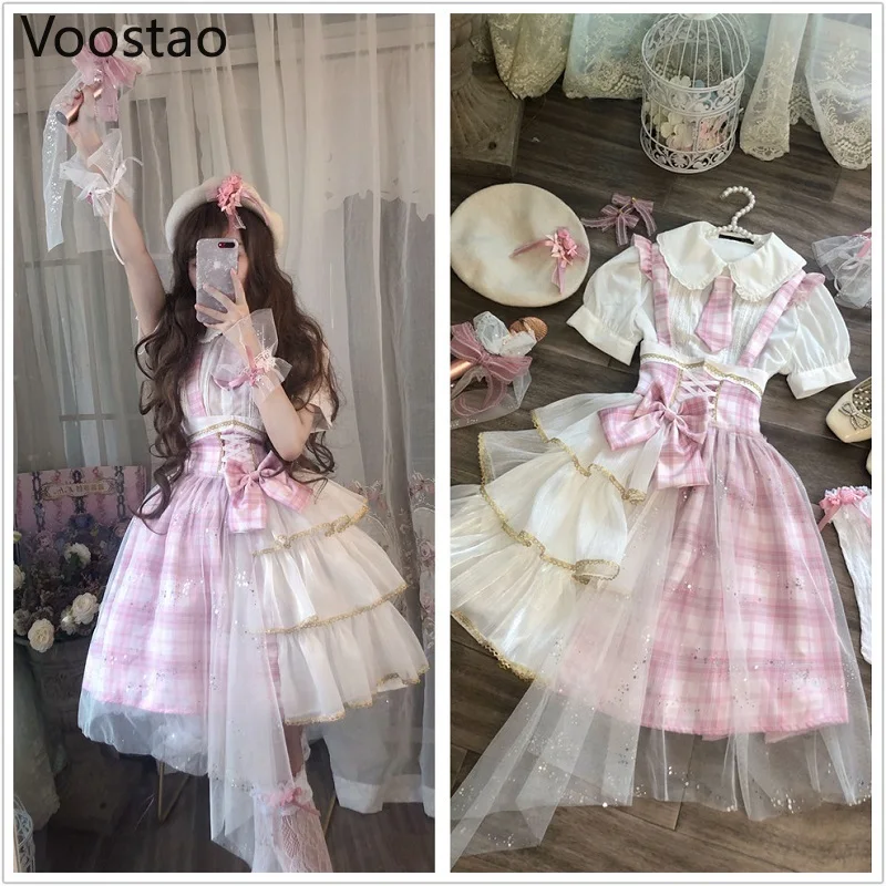 Платье Jsk женское в японском стиле милое розовое клетчатое фатиновое