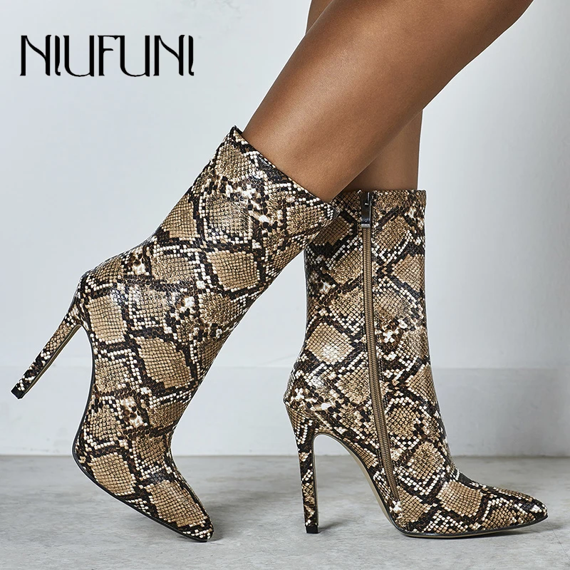 

NIUFUNI Women's Autumn Boots Zipper Snake Print Ankle Boots Stiletto High Heels Pointed Toe Sexy Ladies Shoes 2021 Martin Botas