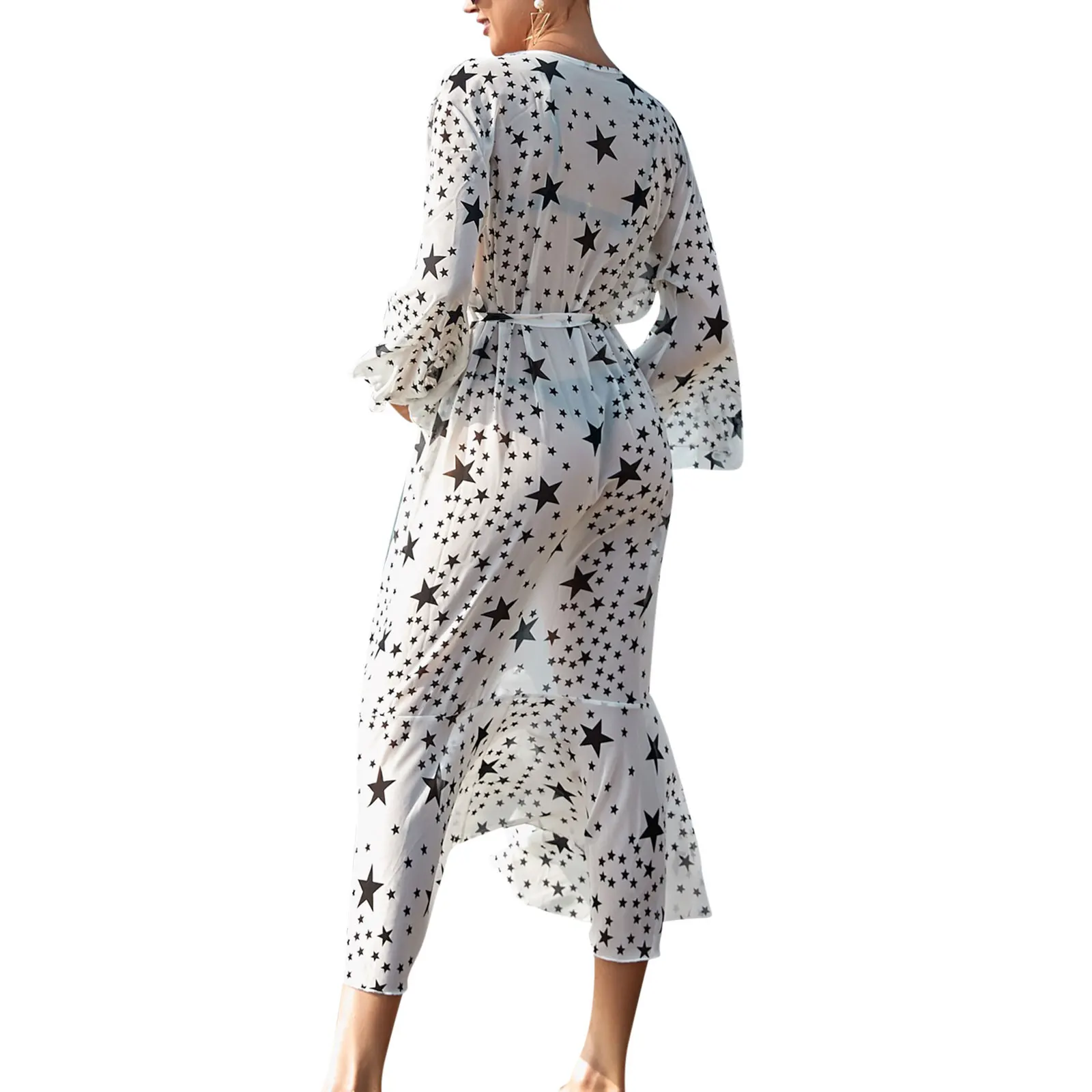 

iTranyee 2021 Boho Sexy Chiffon Bathing Suit Cover-ups Star Print Beach Wear Women Summer Swimsuit Cover Up Kimono Dress