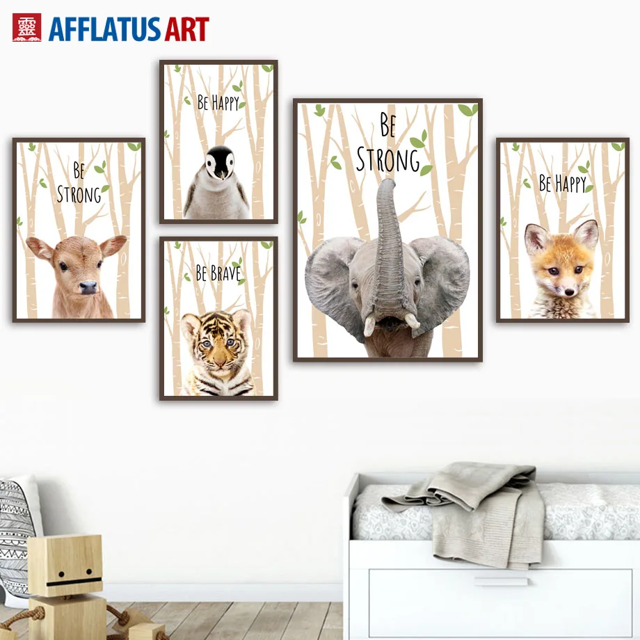 Настенная картина на холсте с изображением слона тигра пингвина коровы лисы леса