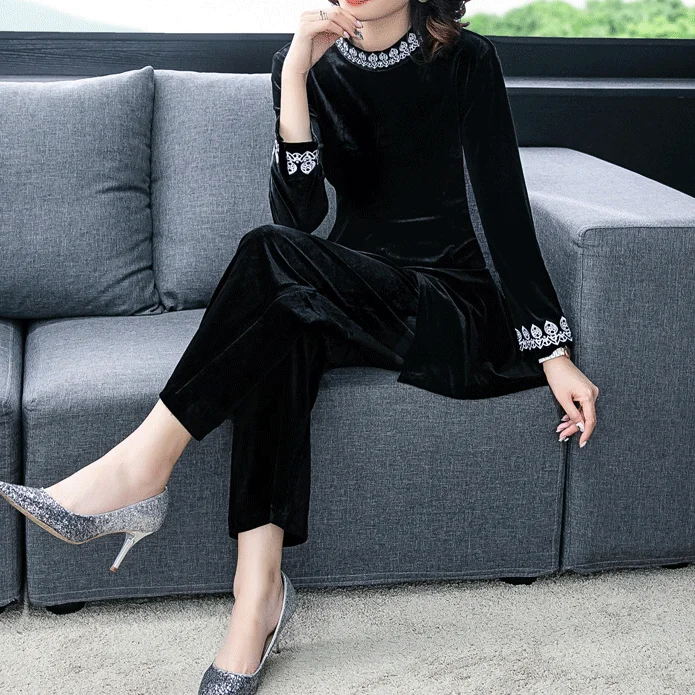 Винтажный Черный Бархатный комплект из 2 предметов Женский Длинный топ с