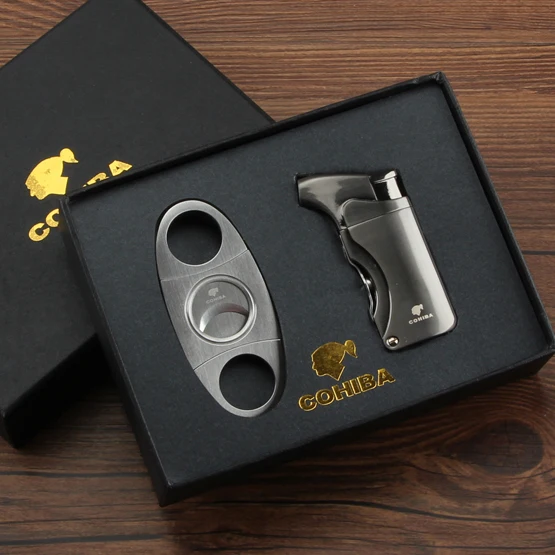 Серый COHIBA зажигалка резак аксессуары набор газовые зажигалки острый сигарный нож набор с подарочной коробкой - Цвет: Серый