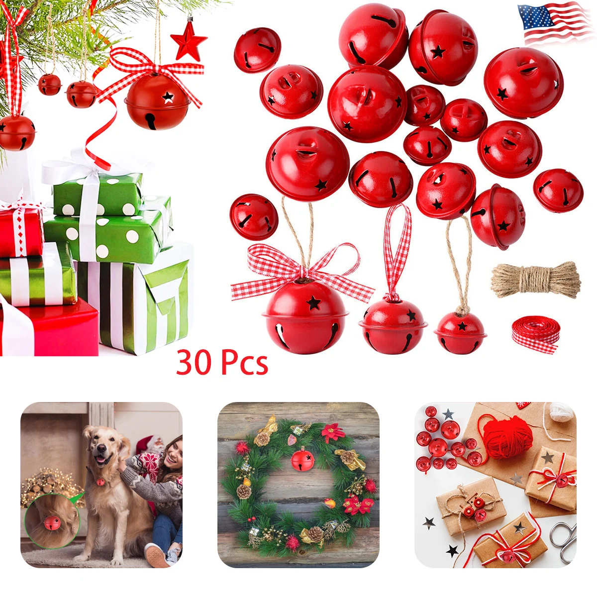 

Christmas Jingle Bells with Jute Rope Xmas Tree Wreath Window Star Sleigh Bells Garland Ornaments for Holiday Party Decorations