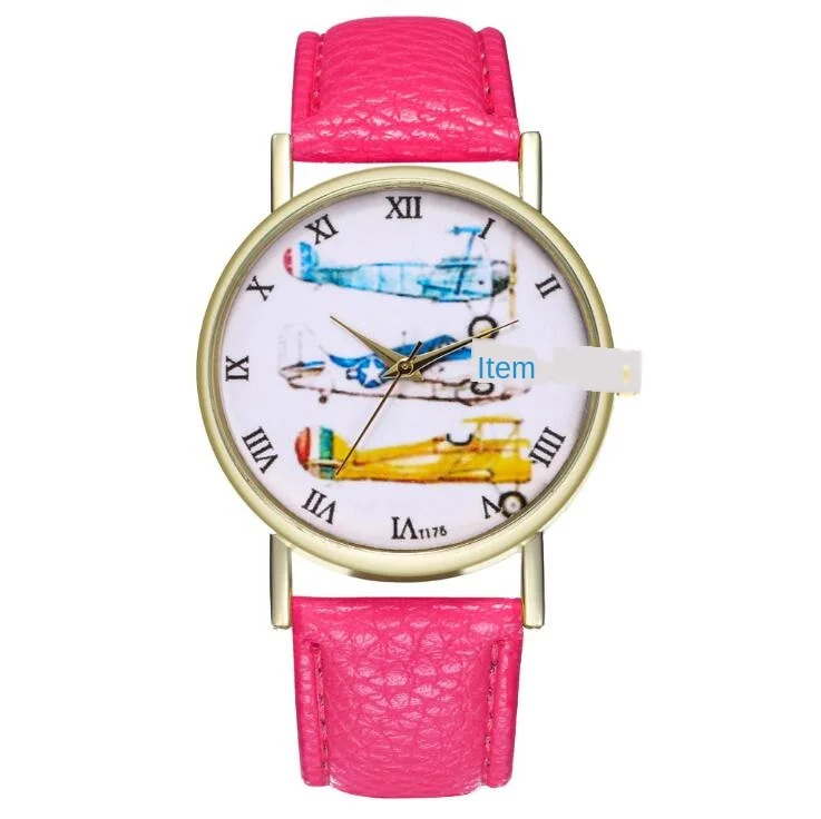 

Fashion Children Quartz Watch Girl Red Leather Strap Cartoon Aircraft Roman Scale Golden Alloy Dial Kids Watches Boy Gift T175-A