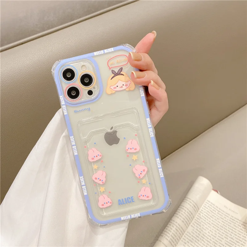 Cute Girl Cartoon Rabbit Shockproof Clear Phone Case For iPhone 11 12 13 Pro XS Max X XR 7 8 Plus Soft Wallet Cover Card Holder