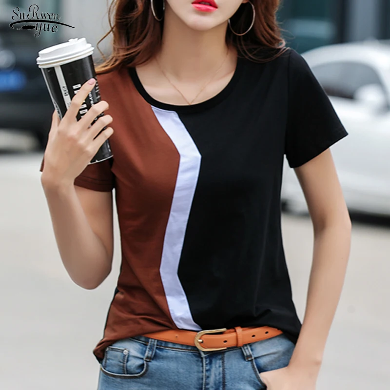 

Spring Summer Color Stitching Fashion T-shirt Simple Casual Short Sleeve Woman's Shirts Round Neck Office Lady's Top Female 3189