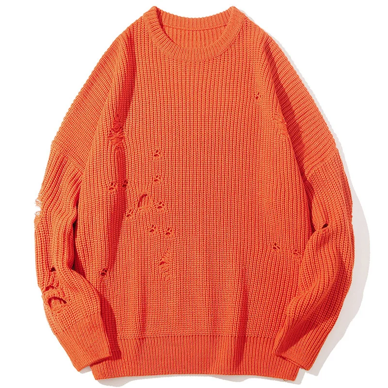 

Mens Knitted Grey Sweater Male Hip Hop Costumes Loose Couple Hole Sweater Oversize Pullover Men Streetwear Boys Casual Knitwear