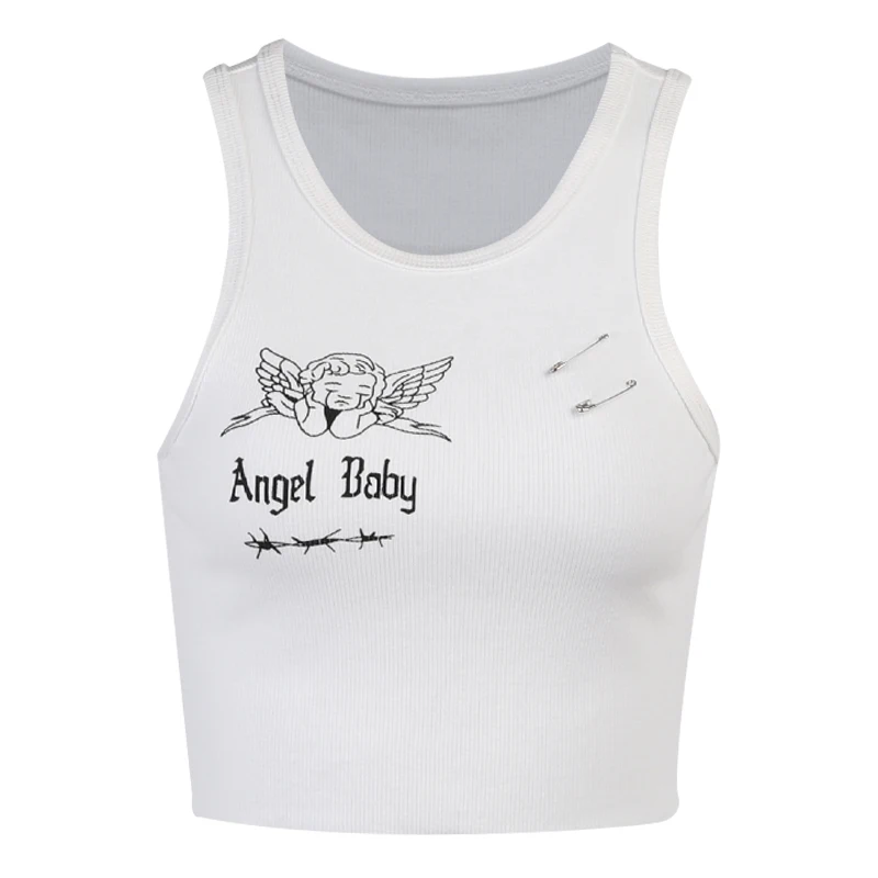 

Beyouare Summer New 2021 Angel baby Print Tank Women Crop Top O Neck Sleeveless Skinny Vest High Street Holiday Party Camis Top