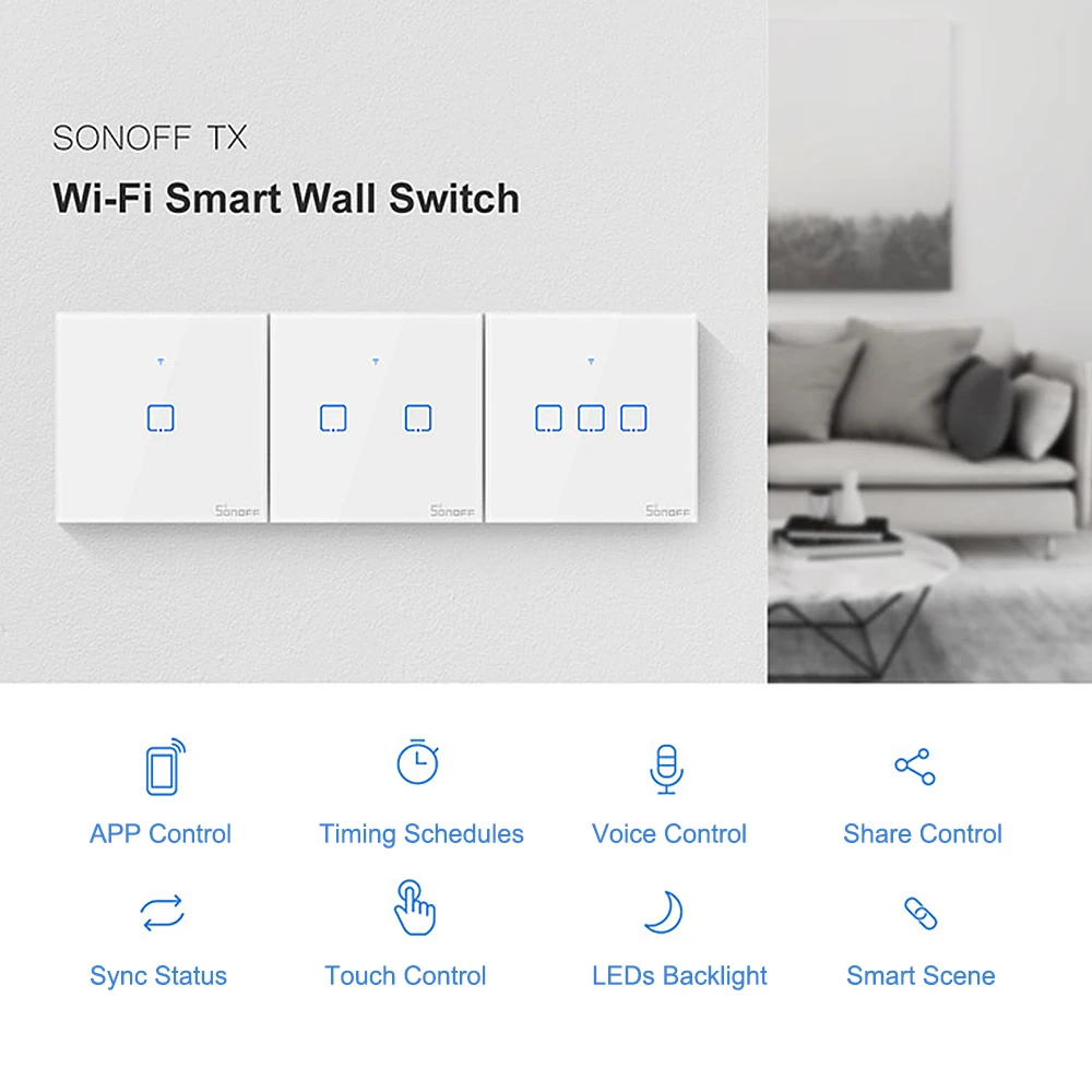 SONOFF WI-FI настенный выключатель 1/2/3 интеллигентая(ый) переключатель TX серия РЧ пульт дистанционного управления, настольная лампа, светодиодная лампа светильник переключатель умный дом Настенные переключатели
