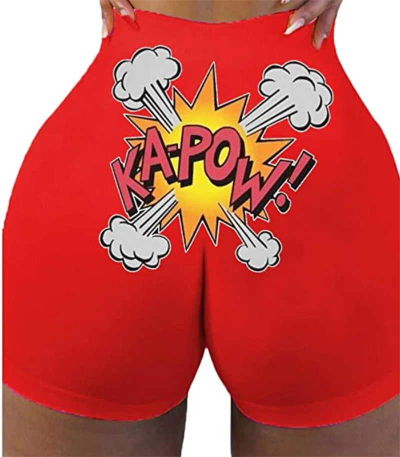 

Womens Summer Casual Shorts Letter Print Elastic High Waist Tight Workout Shorts S-2XL