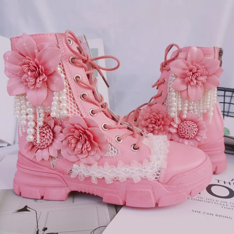 OEING Womens Mesh Breathable 3D Flowers Pearls Tassels Lace Ankle Sandals Boots Shoes Round Toe Lolita Pink New Arrival