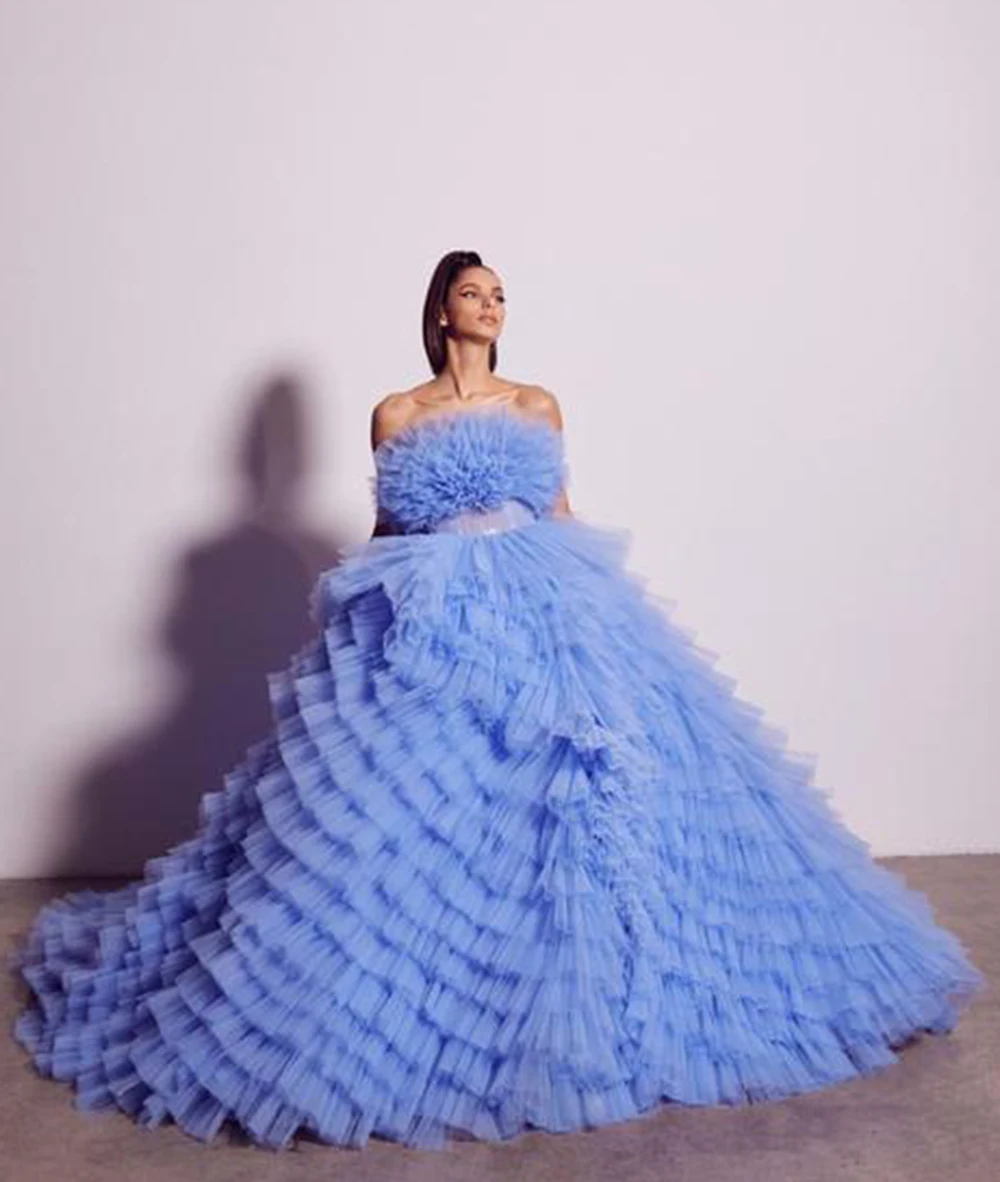 

Women's Ruffles Strapless Formal Evening Ball Gowns Long Floor Length Tiered Tulle Prom Party Dress Pleated Puffy Robe de Roise