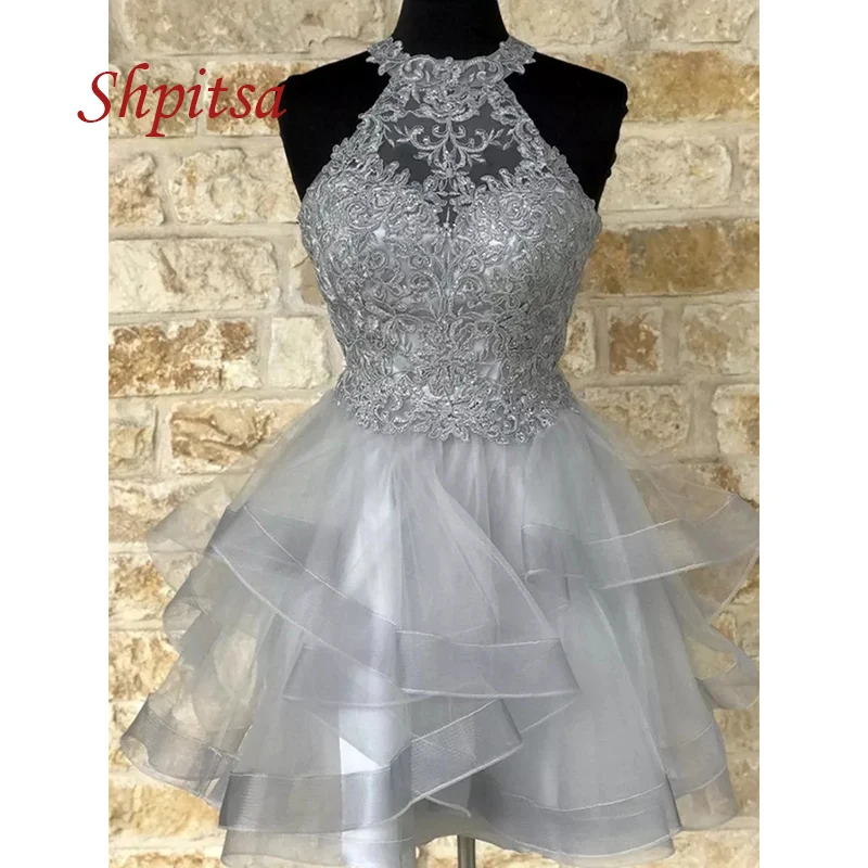 

Grey Lace Short Cocktail Dresses Party Graduation Women Prom Plus Size Coctail Mini Semi Formal Dresses