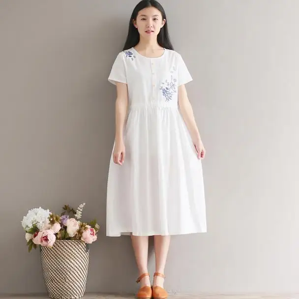 Mori Girl Summer Women Floral Dress Wine Red White Blue Cotton Linen Vestidos Short Sleeve Embroidery Midi AE756 | Женская одежда
