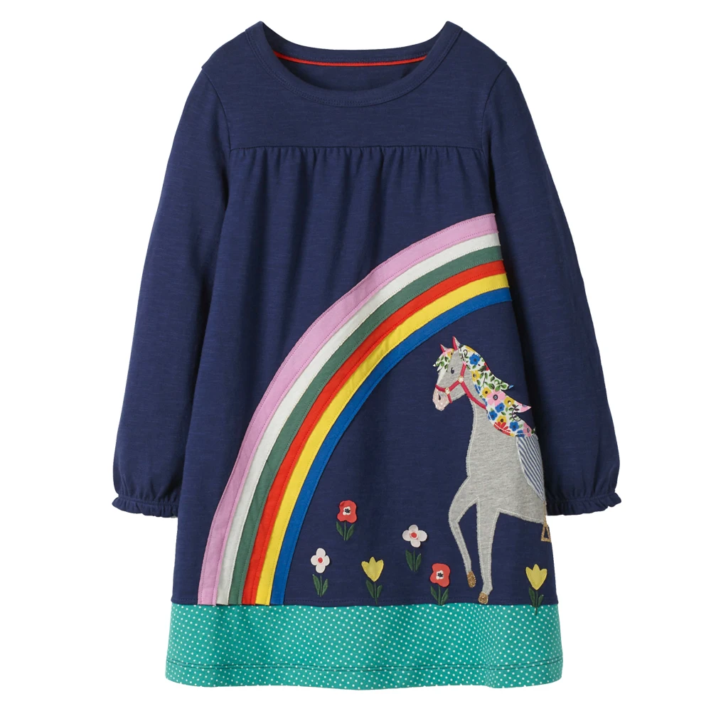 Long Sleeve Baby Girl Dress with Animal Applique Cotton Tunic Toddler Clothing Kids Dresses for Girls Clothes Princess | Детская одежда