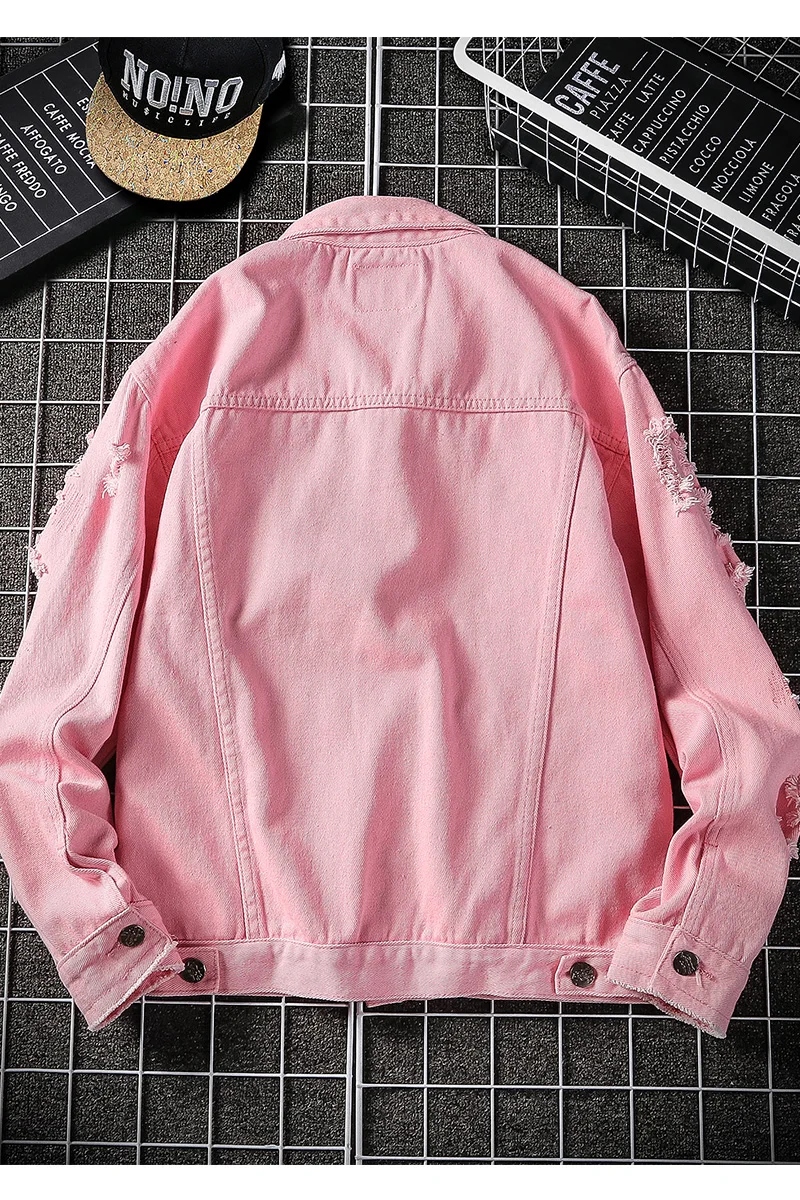 

Autumn new white pink black hole Ripped denim jacket, solid color loose casual plus size 5XL hip hop street washed jeans jacket