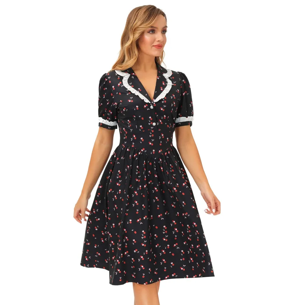 

Belle Poque Women Dresses Retro Lapel Collar Dress Puffed Short Sleeve V-Neck Print Knee Length Elegant Lady Flared A-Line Dress