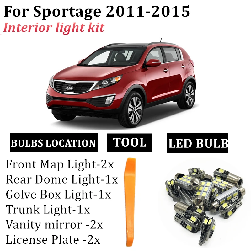 

13Pcs LED Lamp T10 W5W Car Bulbs Interior Package Kit fit for Kia Sportage 2011-2016 Festoon Map Dome Trunk Glove Box Light