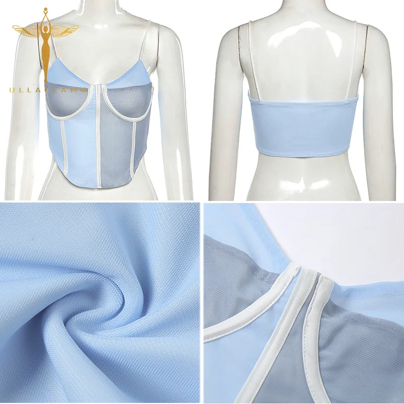 

Blue Patchwork Tube Top Fish Bone Corset Women's Clothes Summer Bustier V-Neck Spaghetti Strap Camisole Female Bodycon Tank Vest