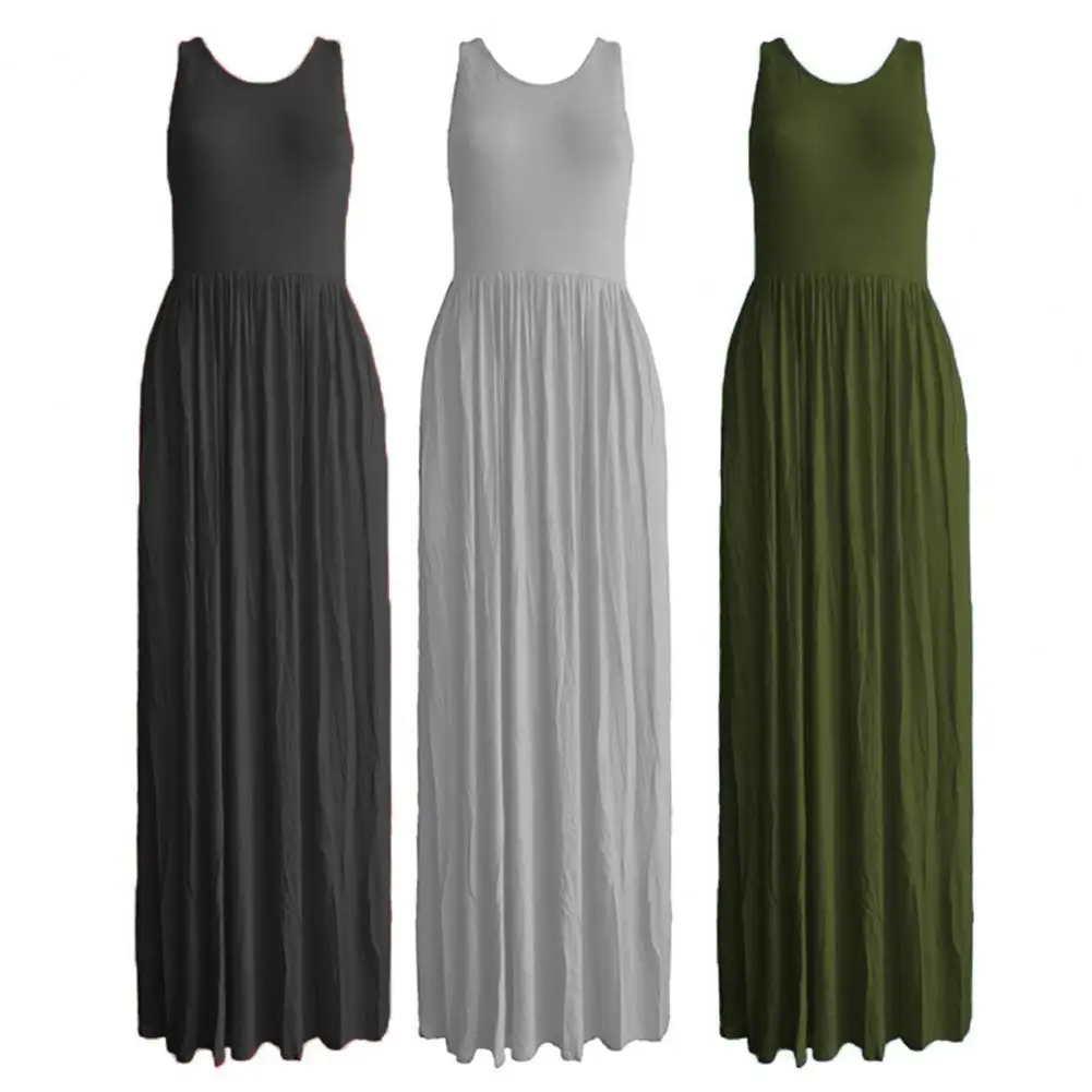 

2021 Summer Solid O Neck Sundress Womens Bohemian Elegant Maxi Dress Fashion Sexy Sleeveless Vestidos Beach Long Dresses