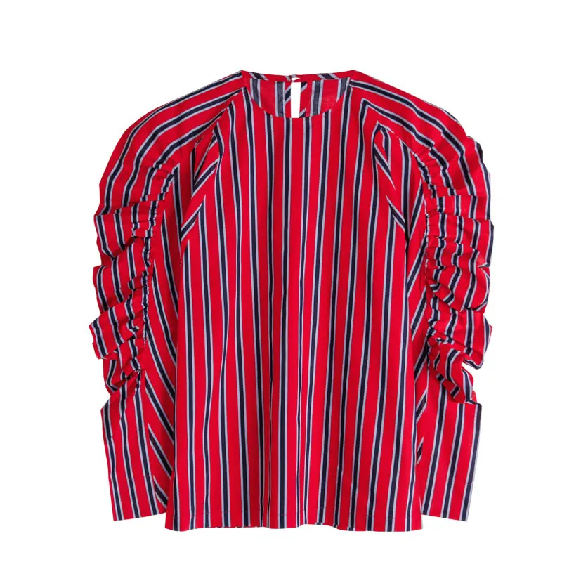

XITAO Striped Blouse Fashion New Women Pullover Full Sleeve Goddess Fan 2021 Spring Autumn Pleated Loose Shirt Top ZY5485