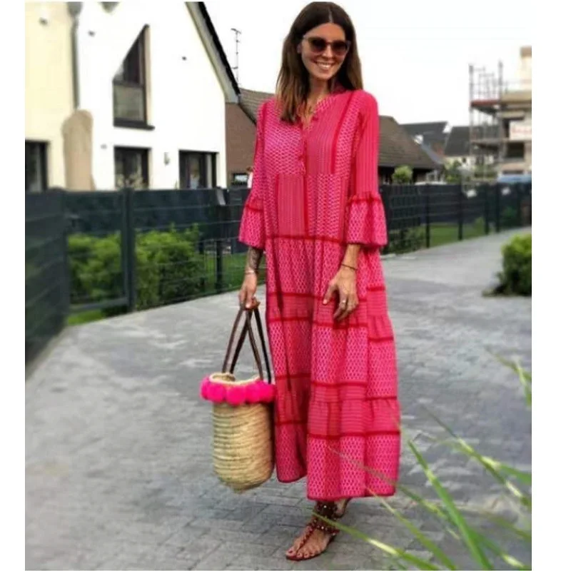 

Bohemian Summer Women's Print Long Dress V-Neck Trumpet Long Sleeve Holiday Beach Dress High Waist Sweet Slim Skirt
