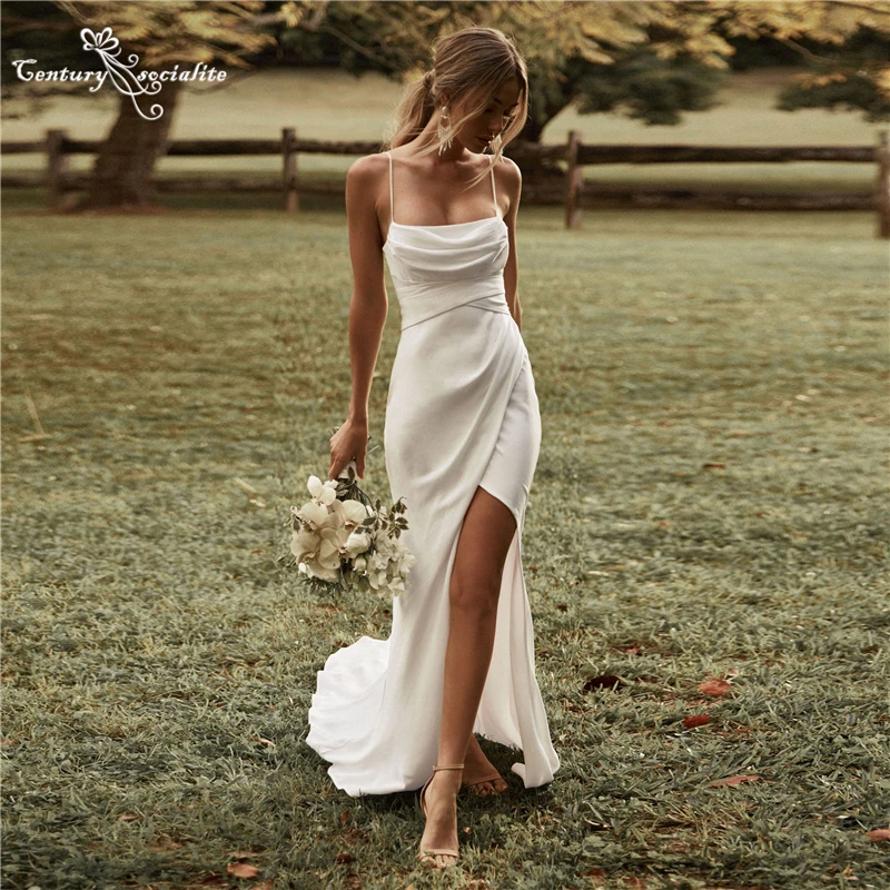Einfache Sexy Hochzeit Kleider Boho Meerjungfrau Braut Kleid Hohe Slit Straps Backless Bohemian Braut Kleider Vestidos De Noiva 2022