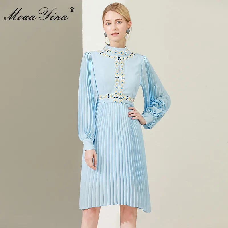 Женское плиссированное платье MoaaYina дизайнерское с воротником стойкой длинными