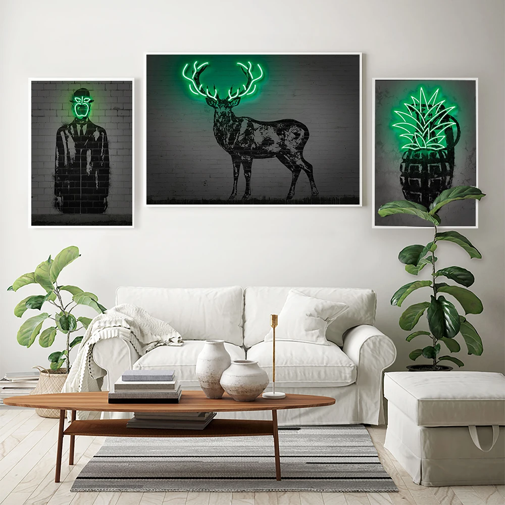 

Pineapple Neon Posters Green Deer Apple Canvas Painting Wall Art Pictures Bar Cafes Study Smoking Room Living Room Home Decor