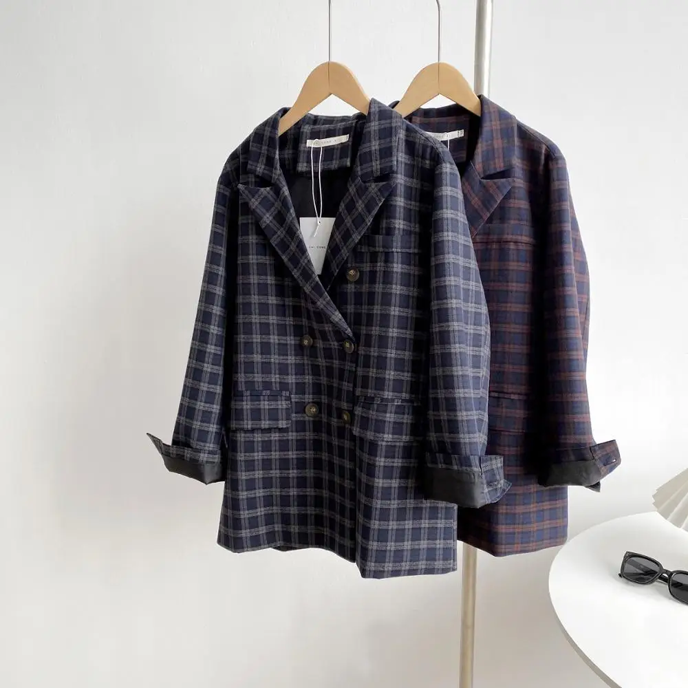

HziriP Vintage Plaid Blazer Women Coat 2021 New Autumn Winter OL Elegant Tops High Quality Loose Suit Jacket Female Blazers