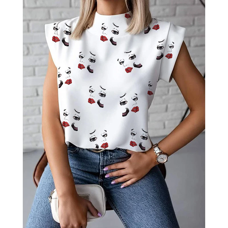 

Short Sleeve Shirt Women 2021 Summer Blouse Stand Collar New Fashion 3D Lip Print Casual Female Top Blusa Feminina Sj7703R