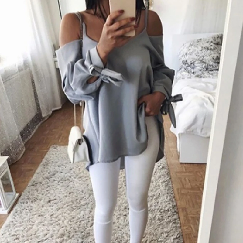 

Summer Autumn Women Long-Sleeved Shirts Sexy Sling Off Shoulder V-Neck Loose Bow Tie Sleeve Tops Casual Solid Shirts