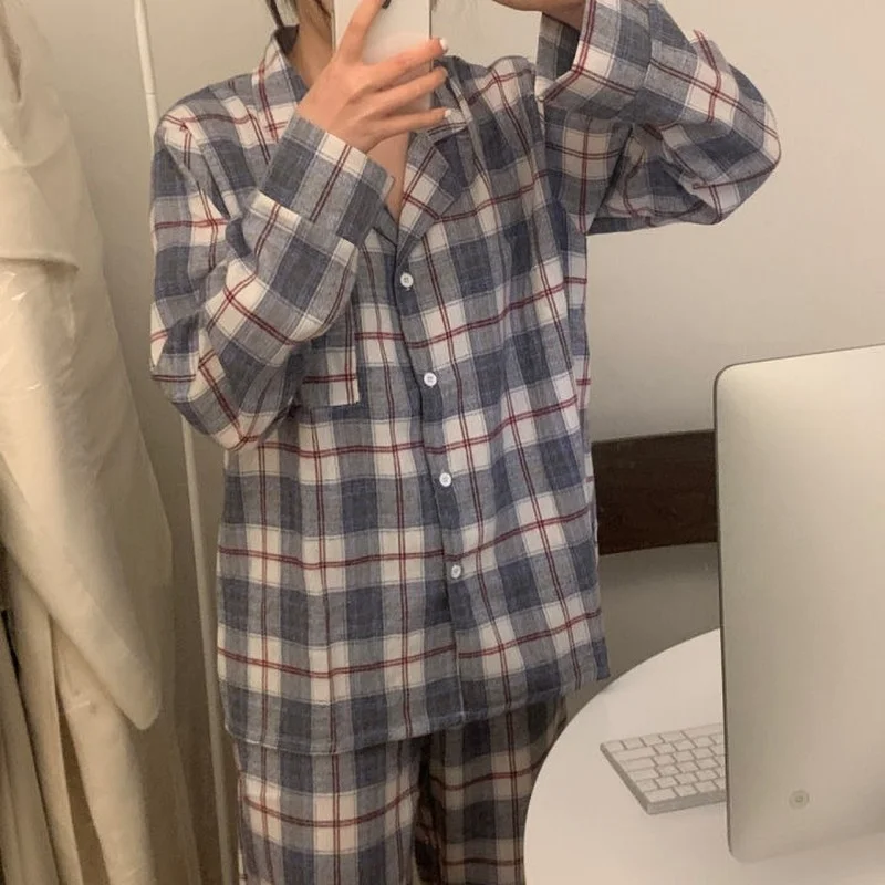 QWEEK Plaid Women's Pajamas Korean Style Sleepwear Set Woman 2 Pieces Winter Long Sleeve Top with Pants Suits Pijama Pyjamas