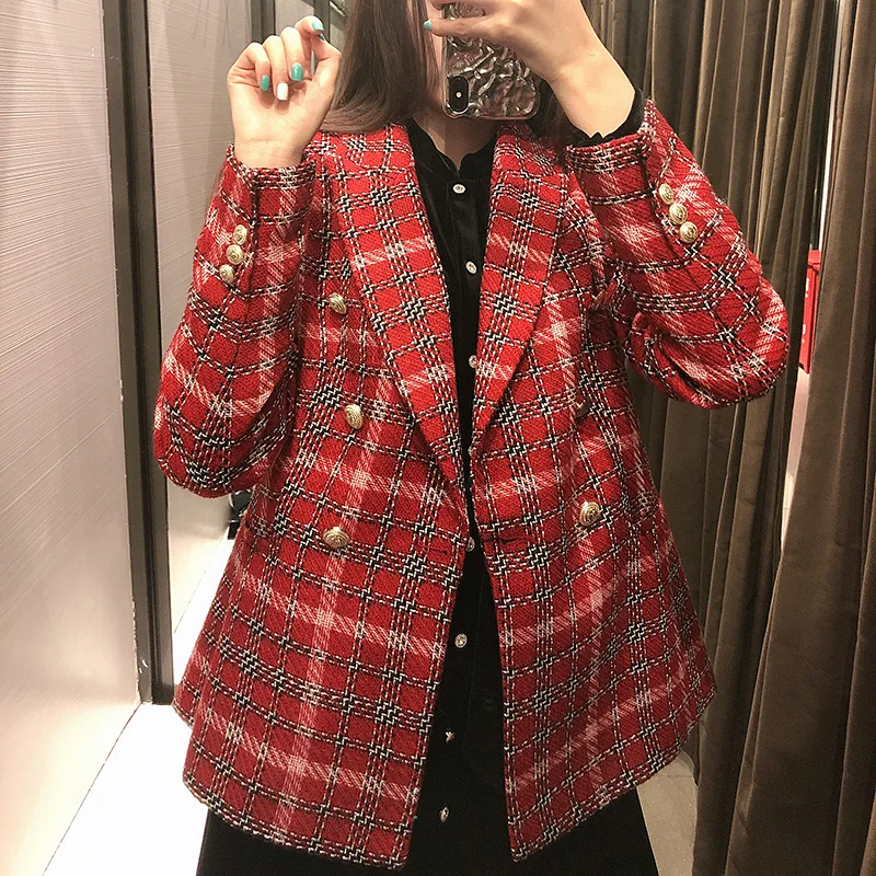 

2021 Fashion Double Breasted Plaid Blazers Jackets Work Office Lady Autumn Women Suit Slim Business Female Blazer Coat Talever