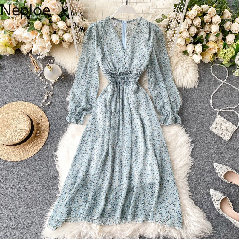 Шикарное шифоновое платье Neploe в Корейском стиле с высокой талией принтом виде