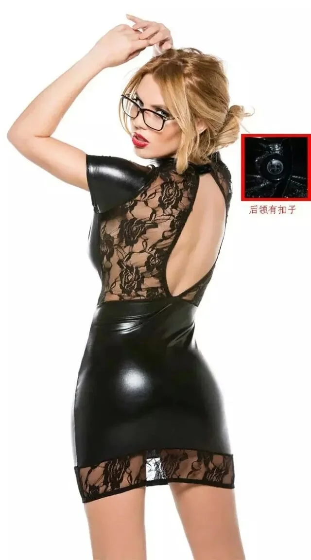 

imitation New black lace Pu leather connecting skirt night DS stage steel pipe show performance clothes fun underwear