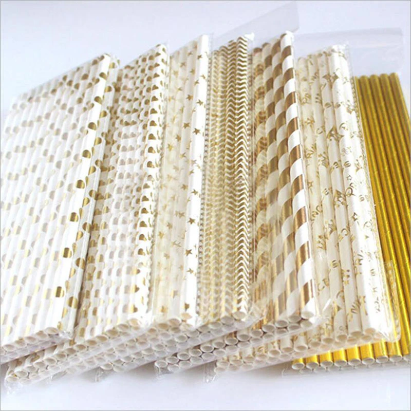 

25Pcs Metallic Gold Stripe Paper Straws Coated Gold Foil Disposable Paper Straws Various Types Gold Foil Degradable Paper Straws