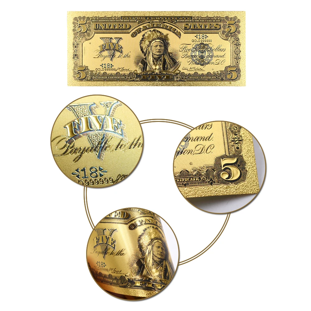 Горячая Распродажа 24k золотые банкноты США 1899 года 5 долларов из фольги