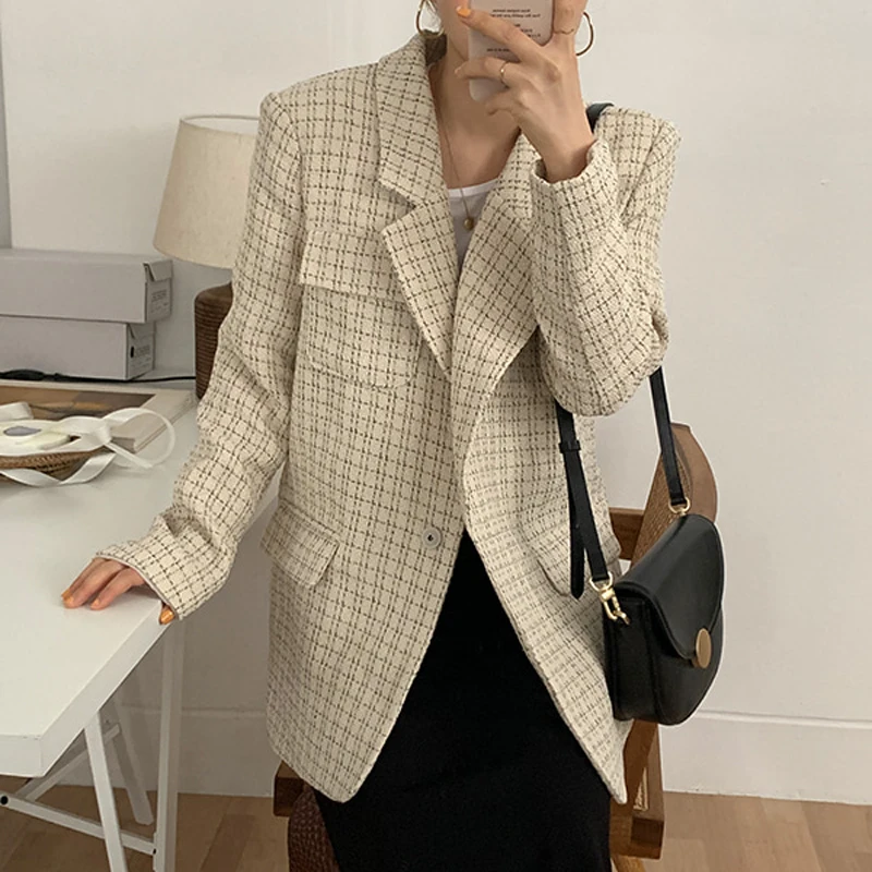 Mozuleva Vintage Chic Plaid Suit Jackets Female Elegant Notched Collar Loose Grid Women Blazers 2020 Spring Outerwear | Женская одежда
