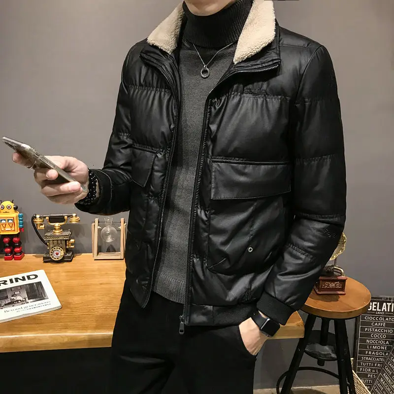 

Lapel Lamb Wool Short Leather Clothes Men Thickened Letter Embroidered Parka Homme Winter Jackets Mens Jaqueta Masculina Inverno