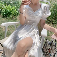summer women sexy white puff sleeve slim bodycon dress new cottagecore fairy satin v neck side slit elegant sweet long dresses