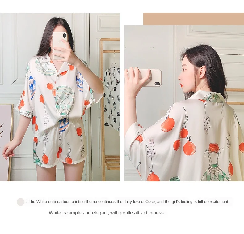 

Pajamas Female Summer Silk Short-Sleeved Clothing Summer Thin Silk Japanese Lovely Two-Piece Suit Pjs Women Pyjamas