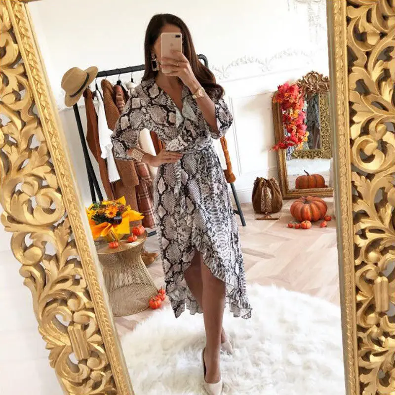 2019 пикантные Для женщин под змеиную кожу V-образный вырез длинное платье миди