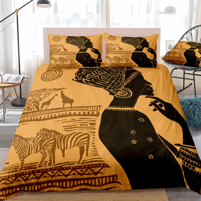 

African Woman Printed Bedding Set 2/3pcs Polyester Quilt Cover Retro Pattern Soft Comfortable Pillowcase Bedcloth Multi-size