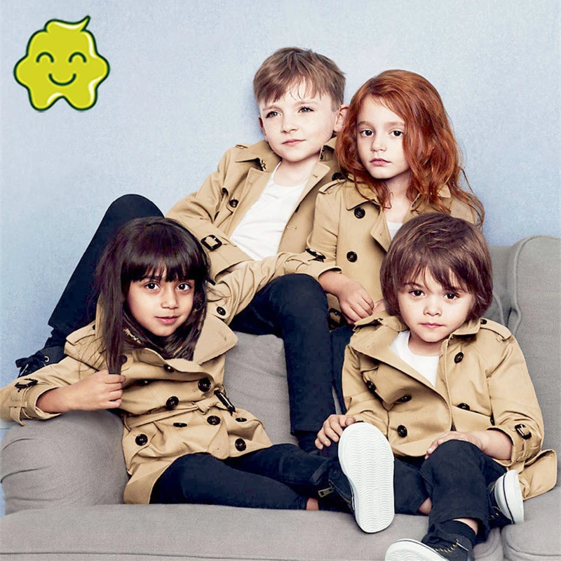 

Children Clothing Jacket For Girls Boy Outerwear Spring Autumn Vintage Coat Double Breasted Windbreaker Turn-Down Collar 2021