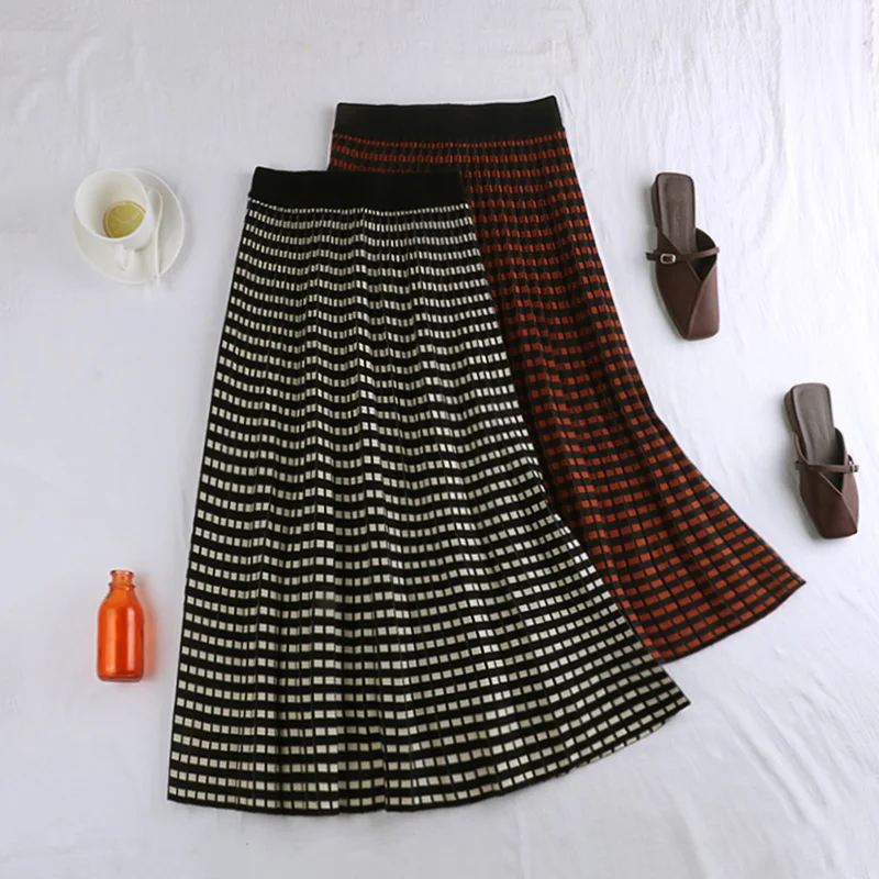 Новые осенние вязаные юбки в английском стиле с высокой талией женская