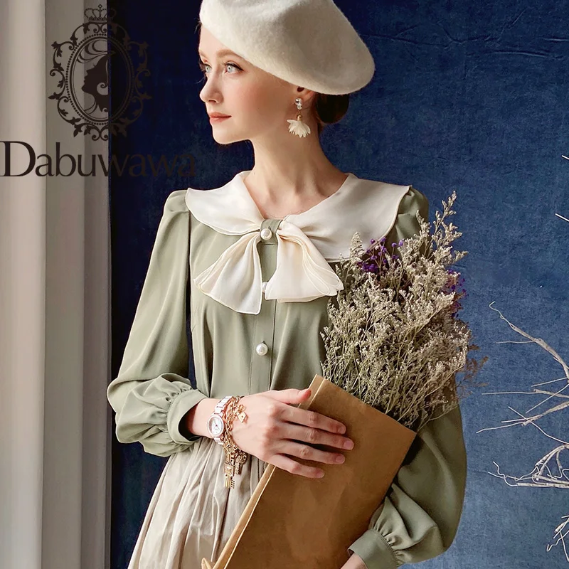 

Dabuwawa Vintage Bow Neck Blouse Women Autumn Lantern Sleeve Pearl Button Elegant Solid Shirts Office Lady Slim Fit DT1DST004