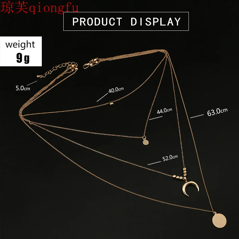 

Qiongfu 2021 fashion new retro ethnic style moon horn round piece alloy multilayer necklace 4-layer alloy necklace female